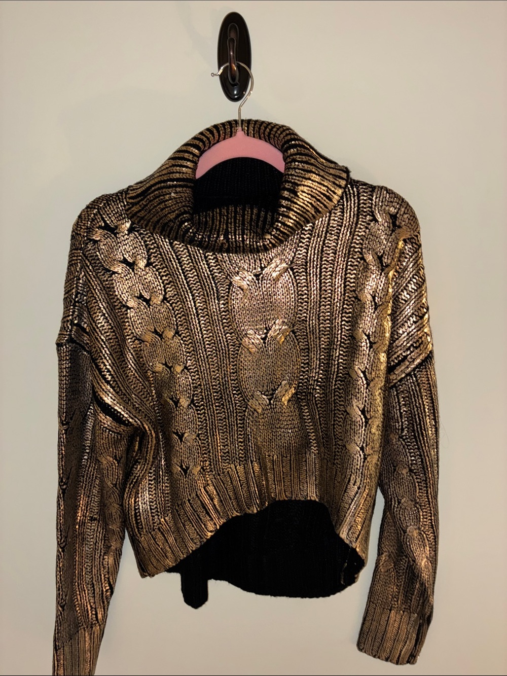 Women's Metallic Gold Cable Turtleneck Sweater